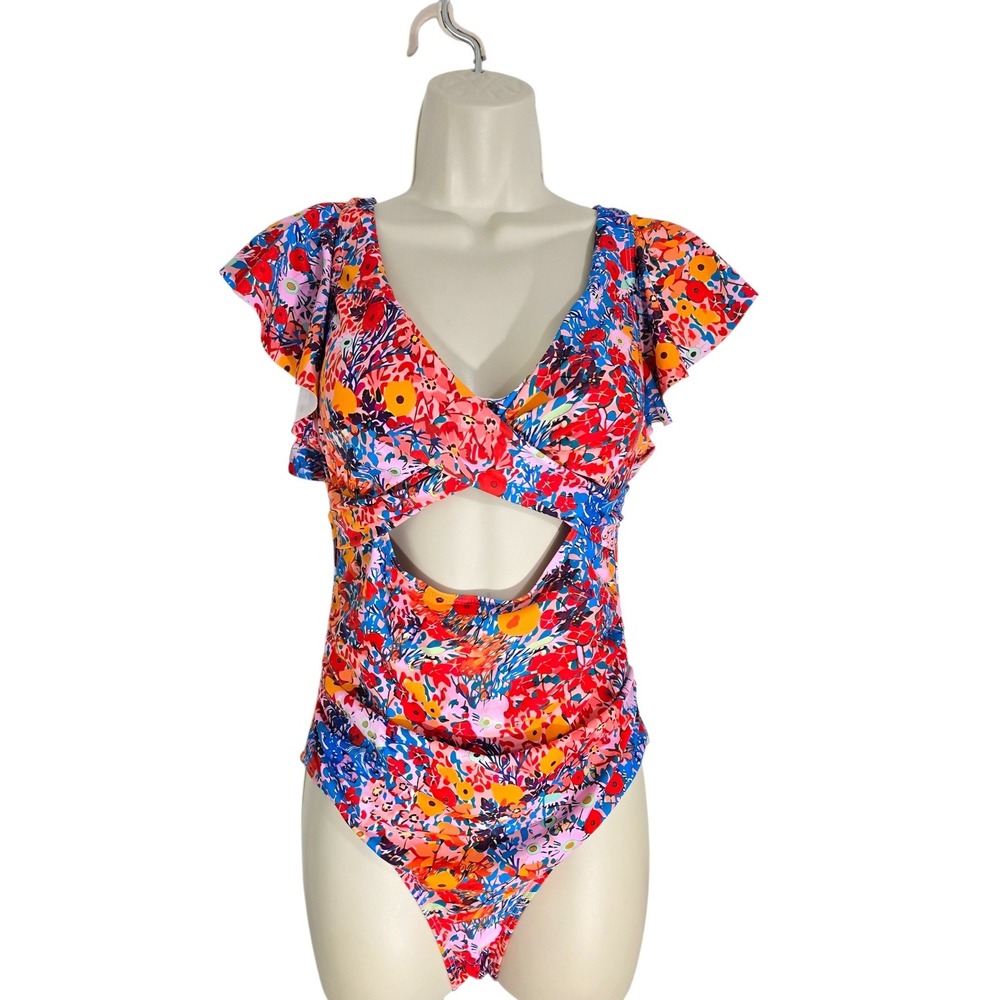 AIMAGE Womens Floral Cutout One Piece Swimsuit Ruffle Sleeve Multicolor Size M